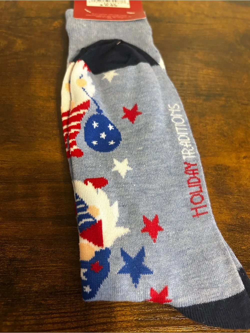 Hallmark Light Blue Patriotic Gnome Crew Socks with Red, White & Blue Accents